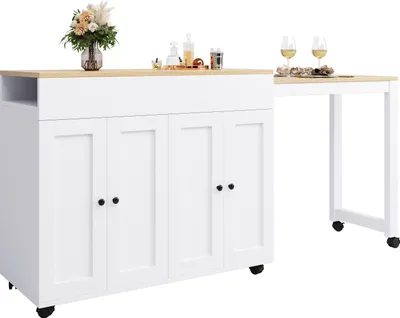 Produktbild von Abrihome ausziehbarer Esstisch Bartisch mit Stauraum, Kücheninsel mit Rollen, Servierwagen Bistrotischmit mit 6 Ablageflächen Stehtisch Stauraum, Weiß