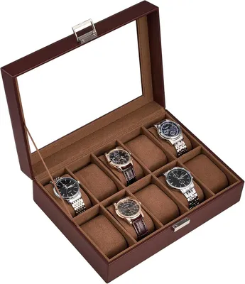 Produktbild von Uhrenbox mit 10 Fächern und Glasdeckel, Uhrenvitrine zur Aufbewahrung und Präsentation