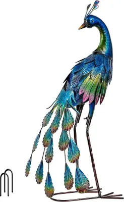 Immagine prodotto di Ornamenti da giardino - Bellissima statua di pavone in metallo per decorazioni da giardino | 45 cm di altezza | Regali per donne
