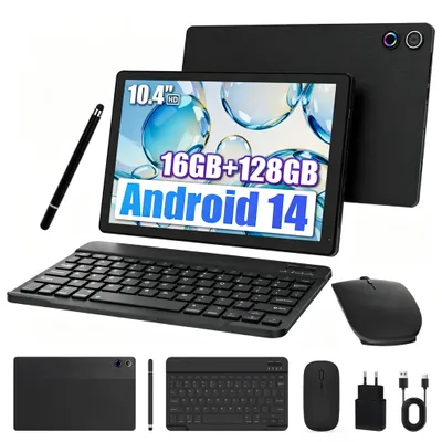 Immagine prodotto di JENBIZZ Tablet, schermo da 10,4 pollici, 128 GB di memoria interna (espandibile fino a 1 TB tramite scheda TF), 16 GB di RAM, processore Octa-Core, batteria da 5000 mAh, Android 14, con tastiera, mouse e stilo