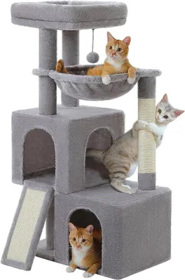 Image de Arbre à chat de 104 cm avec 2 niches, une balançoire, un griffoir et une balle, gris
