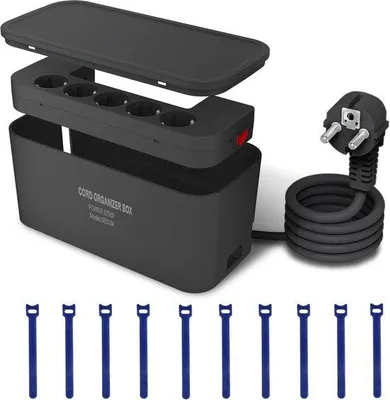 Produktbild von Unyqoos® Steckdosenleiste mit Kabelmanagement – 5-fach + 3 USB, 2 m Kabel, Schwarz, 29,5 x 14 x 14 cm, für Zuhause & Büro