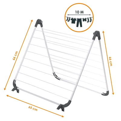 A foldable clothes drying rack shown from a diagonal angle against a white background.