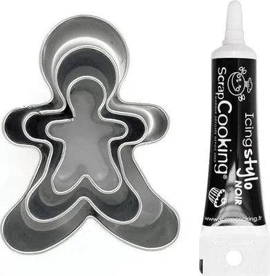 Produktbild von 3 Mini-Edelstahl-Ausstechformen Lebkuchenmann + Icing schwarzen Stift