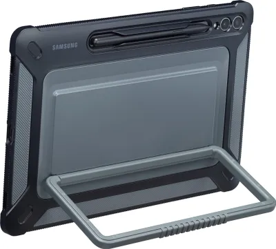 Produktbild von Samsung Original Tablettasche Schwarz für Galaxy Tab S10 Plus / Tab S9 Plus / Tab S9 FE Plus mit robustem Schutz nach Militärstandard (MIL-STD 810G-516.7), ausklappbarem Standfuß (integrierter Griff), S Pen Halterung und frei wählbarem Aufstellwinkel. Aus TPU und Polycarbonat, hergestellt aus recycelten Materialien. Maße: H 194.5mm T 13.8mm B 294.5mm, 332g.
