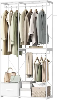 Produktbild von WOLTU Kleiderständer, mit 2 Kleiderstangen, 4 Ablagen und 1 Stoffschublade, 100x40x192 cm : Weiß Farbe: Weiß