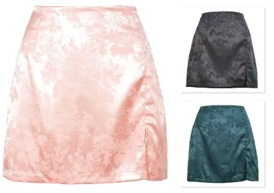 Produktbild von Hochtaillierter Rock mit Seitenschlitz, Hüftwickel und Reißverschluss, modischer und bequemer Jacquard-Satinrock für Damen, Rosa, Größe M