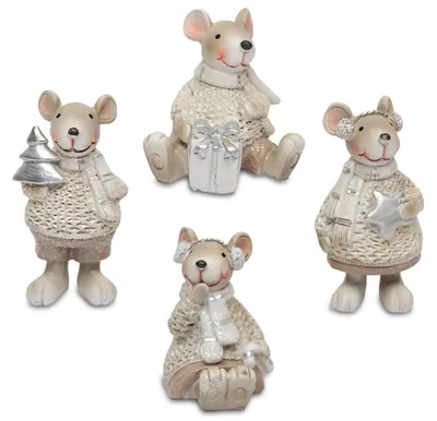 Produktbild von Weihnachtsmaus Figuren 4er Set aus Polyresin 7–9 cm Grau-Weiß-Silber