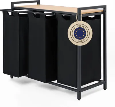 Immagine prodotto di Cesto per la biancheria con scomparti - Per separare i vestiti - Per organizzare il bucato - Con ripiano portaoggetti - 3 scomparti - Bambù nero