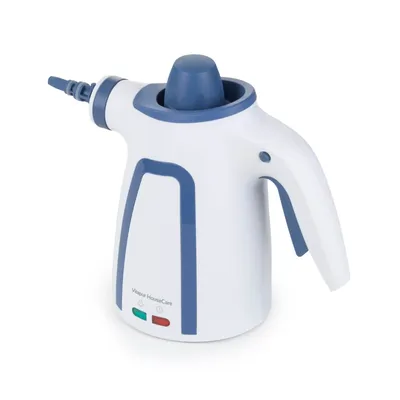 A white and blue steam cleaner is shown against a white background.