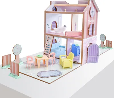 Produktbild von KidKraft Play & Store Cottage Puppenhaus aus Holz mit Mbeln und Zubehr fr Mini Puppe, Spielset fr Minipuppen, Spielzeug fr Kinder ab 3 Jahre, 20510