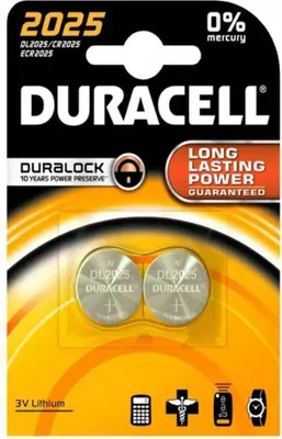 Obrázok produktu pre Duracell 2025, Batéria na jedno použitie, CR2025, Lítium, 3 V, 2 kusov, Strieborná