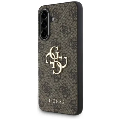 A close-up side view of a brown smartphone case with a repeating GUESS logo pattern and a large gold GUESS logo in the center.