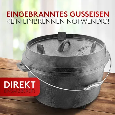 Produktbild von BBQ Dutch Oven Set [7L] – Eingebrannter Feuertopf aus Gusseisen mit Füßen & Deckel – mit Spiralgriff für optimalen Halt – inkl. Deckelheber