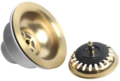 Productafbeelding van Unyqoos® Afvoerset met zeef – Spoelafvoer, roestvrij staal (SUS304), geborsteld goud, Ø 114 mm, afdichtingsdop Ø 82 mm, voor de keuken