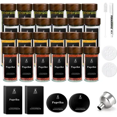 Produktbild von Gewürzgläser Set 24 Stück mit Akazienholzdeckel 120ml inkl. Etiketten & Zubehör