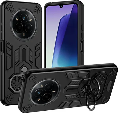 Produktbild von Hülle für Realme 14 Pro Dual Layer PC TPU Militärqualität Stoßfest Rüstung Handyhülle mit Ring Metall Ständer Schwarz