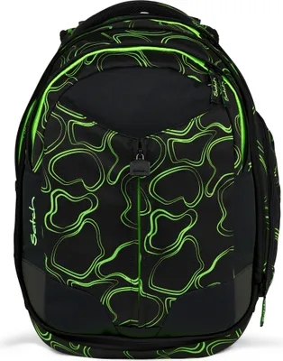 A black backpack with a green abstract pattern, shown from the front.