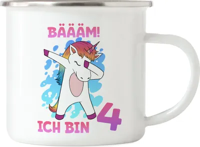Produktbild von Bäääm Ich Bin 4 Emaille Tasse Einhorn 4. Geburtstag Geburtstagsgeschenk Einhorn-Fans Dabbing