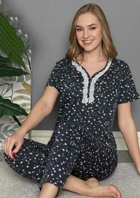 Produktbild von Damen Pyjama Schlafanzug Schwarz L Kurz Viskose S-53