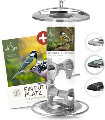 Produktbild von wildtier liebe Körner Futtersäule, Vogelfutterspender 26cm, Silber - aus rostfreiem Edelstahl I Vogel-Futterstation, Vogelfutter-Säule, Wildvögel Futtersilo I Ganzjährige Vogelfütterung