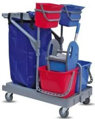 Produktbild von CleanSV® Reinigungswagen ServSt106, Putzwagen mit 2 x 6 liter Eimern, 2 x 15 Liter Eimer, Müllsackhalter (ohne Sack), Moppresse