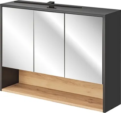 Produktbild von Spiegelschrank Bad 100 cm mit LED Beleuchtung BOLOGNA-56 in anthrazit mit Artisan Eiche Nb., B/H/T: ca. 100/80/25 cm