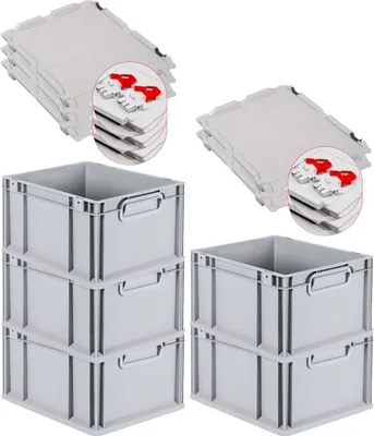 Produktbild von SuperSparSet 5x Eurobox NextGen Economy mit Scharnierdeckel und roten Schiebeschnappverschlüssen | Griffe geschlossen | HxBxT 22x30x40cm | 20 Liter | Eurobehälter, Transportbox, Transportbehälter, Stapelbehälter