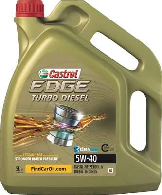 A bottle of Castrol Edge Turbo Diesel engine oil.