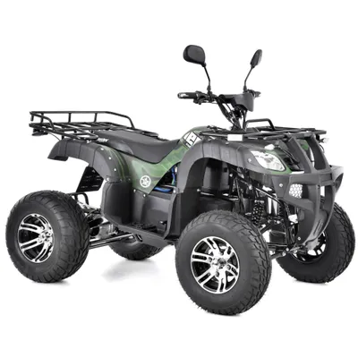 A green and black quad bike is shown from a three-quarter front angle against a white background.