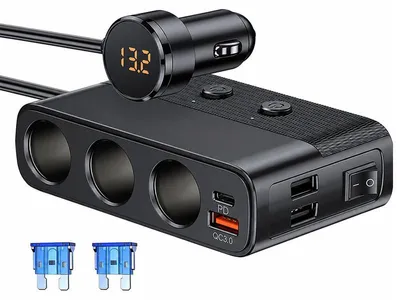 Produktbild von Zigarettenanzünder Verteiler 12V/24V – 3x12V, PD QC3.0, 4 USB | Voltmeter, Schalter für Auto & Wohnmobil