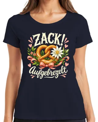 Produktbild von Zack! Aufgebrezelt Wiesn Brezel Lederhose Dirndl Wasen Damen T-Shirt, Navy, XXL