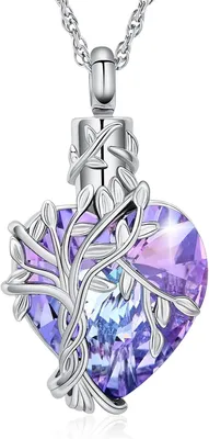 Produktbild von Urnenkette Herz Lebensbaum, mit Kristall, für Asche, Gedenkschmuck für Damen