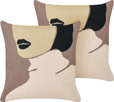 Zdjęcie produktu dla BELIANI Zestaw 2 poduszek brązowo-beżowe z motywem twarzy 45 x 45 cm z wypełnieniem ozdoba akcesoria salon sypialnia