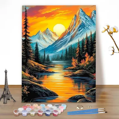 Immagine prodotto di Kit per dipingere per adulti, soggetto: montagne e paesaggio, dimensioni 40x50 cm, senza cornice, include colori acrilici e pennelli