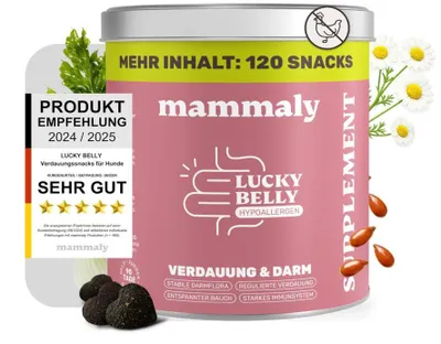 Produktbild von mammaly Lucky Belly Hundesnacks – 9-in-1 Probiotika Drops für die Verdauung & Magen-Darm – Hypoallergen ohne Huhn, 120 Stück (350g)