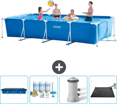 Produktbild von Intex-Schwimmbecken mit rechteckigem Rahmen – 450 x 220 x 84 cm – Blau – im Lieferumfang enthalten Abdeckung - Wartungspaket - Filterpumpe für Schwimmbad - Solarmatte