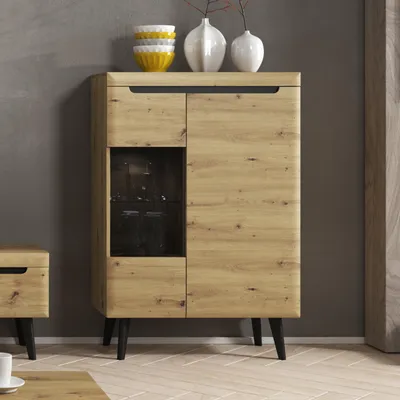 Produktbild von Komodee, Schrank SUDBURRY NWT90 - Eiche - Schwarze Zubehör - Verglast - Breite 90 cm, Höhe 134 cm, Tiefe 40 cm
