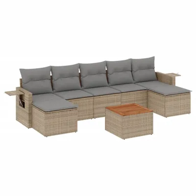 Produktbild von Gartenmöbel-Set 8-tlg., Lounge-Sofa mit Stauraum, Poly Rattan, Akazienholz-Tischplatte, UV-beständig, Beige, Hellgraue Kissen