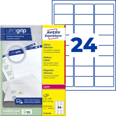 Obrázek produktu pro Avery L7159-100, Bílá, Laser, 63.5 x 33.9 mm, 100 listy, 2400 kusů