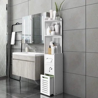 Obrázek produktu pro Voděodolná koupelnová skříňka se 3 zásuvkami a 3 policemi – 120 x 22 x 20 x 120 cm – bílá skříňka