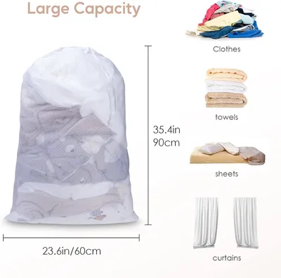 Imagen del producto de Bolsa para la ropa con cordón, 70x90 cm, fabricada en material de malla, ideal para prendas delicadas
