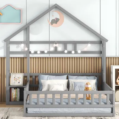 Produktbild von MODFU Kinderbett Flachbett 140x200cm mit Lattenrost, Hausbett Jugendbett ltern-Kind-Bett mit Geländer, Massivholzbett Bodenbett mit Nachttisch 30*32cm, Grau(Ohne Matratze)