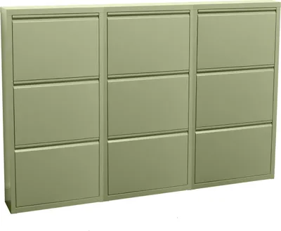 A three-column shoe cabinet with nine flip-down doors.
