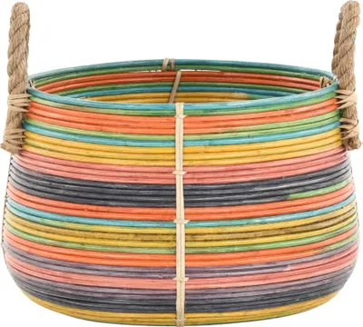 Produktbild von KRINES HOME Retro-Design Dekokorb / Tragekorb, Aufbewahrungskorb mit Seil-Griffen / Flechtkorb aus Natur Rattan / Holzkorb, Korb Box Henkel Aufbewahrung (Bunt)
