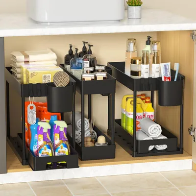 3er Set Unterschrank-Organizer, Küche, Schwarz, Kunststoff, 40x22x16,5 cm