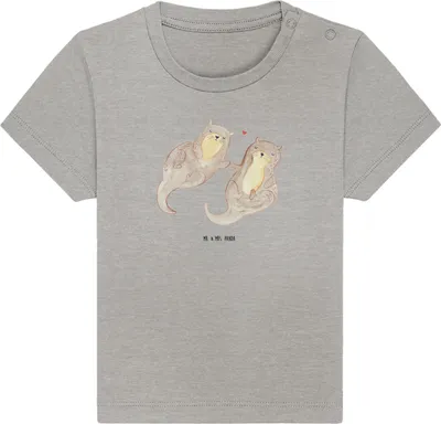 Produktbild von Mr. & Mrs. Panda Babyshirt Otter Hände halten 0. - 6. Monat - Heather Grey - Geschenk, Liebe, Händchen, Paar, Kinder T-Shirt, glücklich, Organic Baby Shirt, , Verliebt