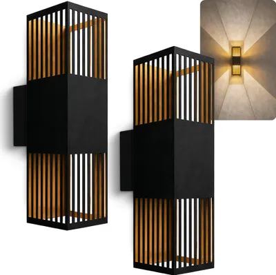 Produktbild von SSC-LUXon 2 Stück REVALO Up and Down Lampe schwarz gold – Wand Strahler mit Schatteneffekt IP65 mit LED warmweiß Außenwandleuchte