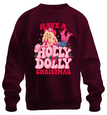 Productafbeelding van "Have A Holly Dolly Christmas" - Zweetshirt met afbeelding van Dolly Parton in country-stijl, model pullover, kleur bordeauxrood, maat M