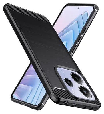 A black phone case is shown at an angle, with a phone screen visible behind it.